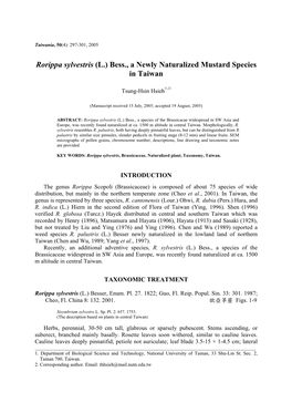 Rorippa Sylvestris (L.) Bess., a Newly Naturalized Mustard Species in Taiwan