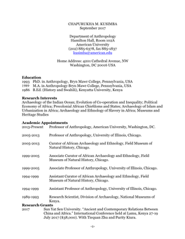 1- CHAPURUKHA M. KUSIMBA September 2017 Department of Anthropology Hamilton Hall, Room 102A American University (202) 885-6378