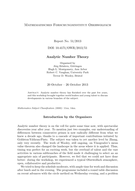 Mathematisches Forschungsinstitut Oberwolfach Analytic Number Theory