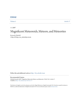 Magnificent Meteoroids, Meteors, and Meteorites Kennerly Diebold College of Dupage, Essai Diebold2@Cod.Edu