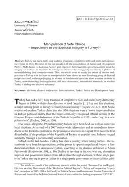 Manipulation of Vote Choice – Impediment to the Electoral Integrity in Turkey?1