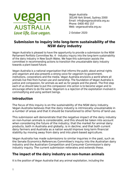 Submission to Inquiry Into Long-Term Sustainability of the NSW Dairy Industry