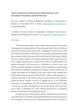 Amílcar Cabral and the Liberation of Guinea-Bissau and Cape Verde: International, Transnational, and Global Dimensions