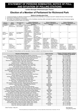 STATEMENT of PERSONS NOMINATED, NOTICE of POLL and SITUATION of POLLING STATIONS Election of a Member of Parliament for Richmond