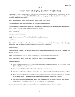 Lab 4 Summary Statistics & Graphing Quantitative Data (Box Plots)