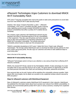 Emazzanti Technologies Urges Customers to Download KRACK Wi-Fi Vulnerability Patch