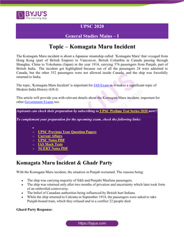 Topic – Komagata Maru Incident