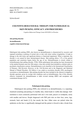 Cognitive-Behavioural Therapy for Pathological Skin Picking