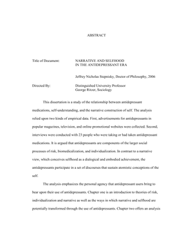 ABSTRACT Title of Document: NARRATIVE and SELFHOOD in the ANTIDEPRESSANT ERA Jeffrey Nicholas Stepnisky, Doctor of Philosophy