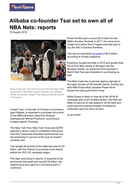 Alibaba Co-Founder Tsai Set to Own All of NBA Nets: Reports 16 August 2019