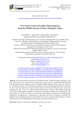 New Fossil Records of Xyelidae (Hymenoptera) from the Middle Jurassic of Inner Mongolia, China