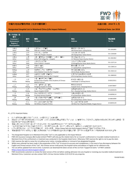 出版日期: 2018 年1 月- Designated Hospital List in Mainland China