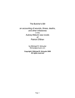 The Butcher's Bill an Accounting of Wounds, Illness, Deaths, and Other Milestones Aubrey-Maturin Sea Novels of Patrick O'br
