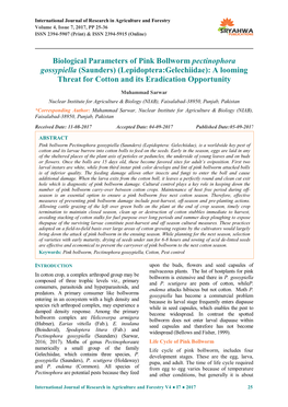 Biological Parameters of Pink Bollworm Pectinophora Gossypiella (Saunders) (Lepidoptera:Gelechiidae): a Looming Threat for Cotton and Its Eradication Opportunity