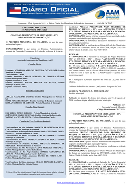 Amazonas , 02 De Agosto De 2018 • Diário Oficial Dos Municípios Do Estado Do Amazonas • ANO IX | Nº 2162