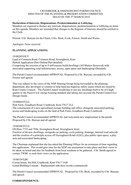 CRANBROOK & SISSINGHURST PARISH COUNCIL MINUTES of the PLANNING & PRESERVATION COMMITTEE HELD on the 5Th MARCH 2019 Decl