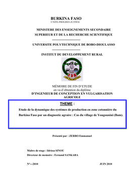 Etude De La Dynamique Des Systèmes De Production En Zone Cotonnière Du Burkina Faso Par Un Diagnostic Agraire