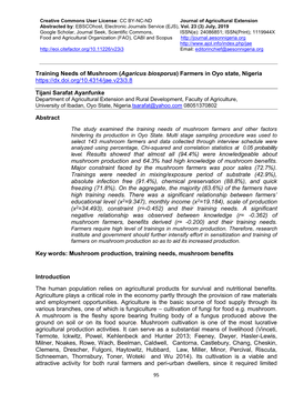 Training Needs of Mushroom (Agaricus Biosporus) Farmers in Oyo State, Nigeria