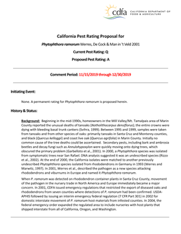 Phytophthora Ramorum Werres, De Cock & Man in 'T Veld 2001 Current Pest Rating: Q Proposed Pest Rating: A