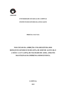 Nos Ciclos Da Ambição: Uma Releitura Dos Romances Sonhos D´Ouro (1872), De José De Alencar, E a Mão E a Luva (1874), De