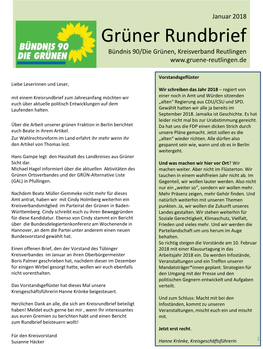 Grüner Rundbrief Bündnis 90/Die Grünen, Kreisverband Reutlingen