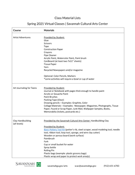 Class Material Lists Spring 2021 Virtual Classes | Savannah Cultural Arts Center