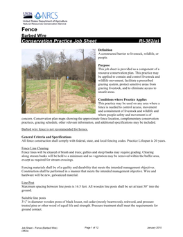 Fence Barbed Wire R Conservation Practice Job Sheet RI-382(A)