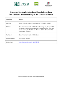 Proposed Inquiry Into the Handling of Allegations of Child Sex Abuse Relating to the Diocese of Ferns