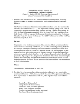 Sunset Public Hearing Questions for Commission for Uniform Legislation Created by Section 4-9-101, Tennessee Code Annotated (Sunset Termination Date June 2018)