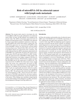 Role of Microrna-141 in Colorectal Cancer with Lymph Node Metastasis