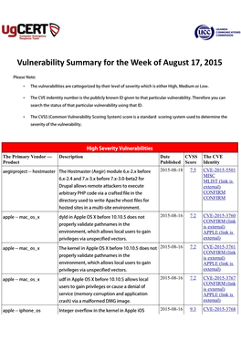 Vulnerability Summary for the Week of August 17, 2015