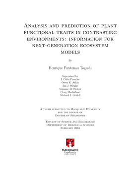 Analysis and Prediction of Plant Functional Traits in Contrasting Environments: Information for Next-Generation Ecosystem Models