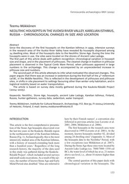Teemu Mökkönen NEOLITHIC HOUSEPITS in the VUOKSI RIVER VALLEY, KARELIAN ISTHMUS, RUSSIA – CHRONOLOGICAL CHANGES in SIZE and LOCATION