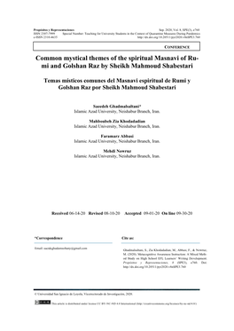 Common Mystical Themes of the Spiritual Masnavi of Ru- Mi and Golshan Raz by Sheikh Mahmoud Shabestari