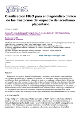 Clasificación FIGO Para El Diagnóstico Clínico De Los Trastornos Del Espectro Del Acretismo Placentario
