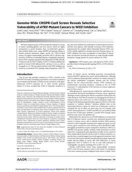 Genome-Wide CRISPR-Cas9 Screen Reveals Selective Vulnerability of ATRX-Mutant Cancers to WEE1 Inhibition Junbo Liang1, Hong Zhao2,3, Bill H