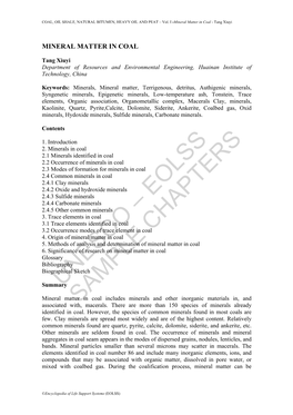 Mineral Matter in Coal - Tang Xiuyi