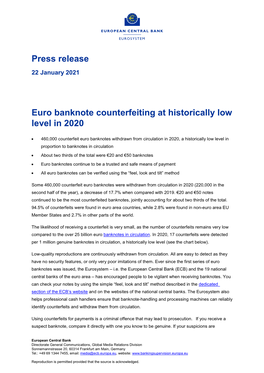 Press Release Euro Banknote Counterfeiting at Historically Low Level in 2020