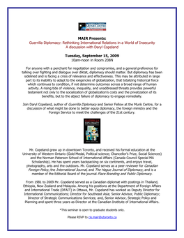 MAIR Presents: Guerrilla Diplomacy: Rethinking International Relations in a World of Insecurity a Discussion with Daryl Copeland