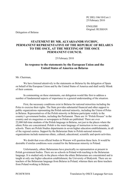 Statement by Mr. Alyaksandr Sychov, Permanent Representative of the Republic of Belarus to the Osce, at the Meeting of the Osce Permanent Council