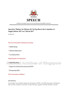 Speech by Minister for Defence Dr Ng Eng Hen at the Committee of Supply Debate 2017 on 3 March 2017