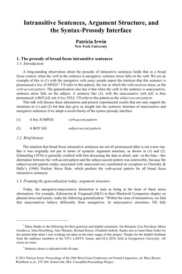 Intransitive Sentences, Argument Structure, and the Syntax-Prosody Interface