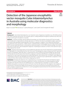 Detection of the Japanese Encephalitis Vector Mosquito Culex Tritaeniorhynchus in Australia Using Molecular Diagnostics and Morphology Bryan D