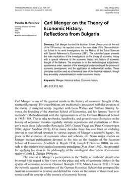 Carl Menger on the Theory of Economic History. Reflections From