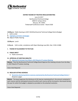 DISTRICT BOARD of TRUSTEES REGULAR MEETING June 13,2017 Northcentral Technical College 1000 W. Campus Drive Wausau, WI 54401 Ti