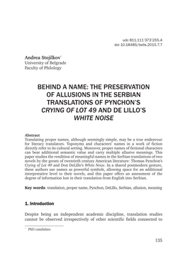 Behind a Name: the Preservation of Allusions in the Serbian Translations of Pynchon's Crying of Lot 49 and De Lillo's White