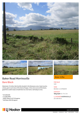 Baker Road Morrinsville Bare Block for SALE Sold Matamata, Te Aroha, Morrinsville Situated in the Manawaru Area