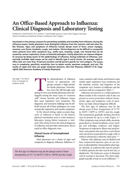An Office-Based Approach to Influenza: Clinical Diagnosis and Laboratory Testing NORMAN J
