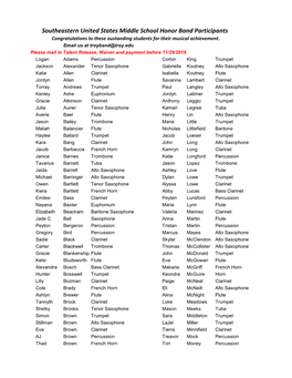 Southeastern United States Middle School Honor Band Participants Congratulations to These Oustanding Students for Their Musical Achievement