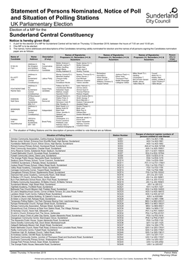 Statement of Persons Nominated, Notice of Poll and Situation of Polling Stations UK Parliamentary Election Election of a MP for the Sunderland Central Constituency